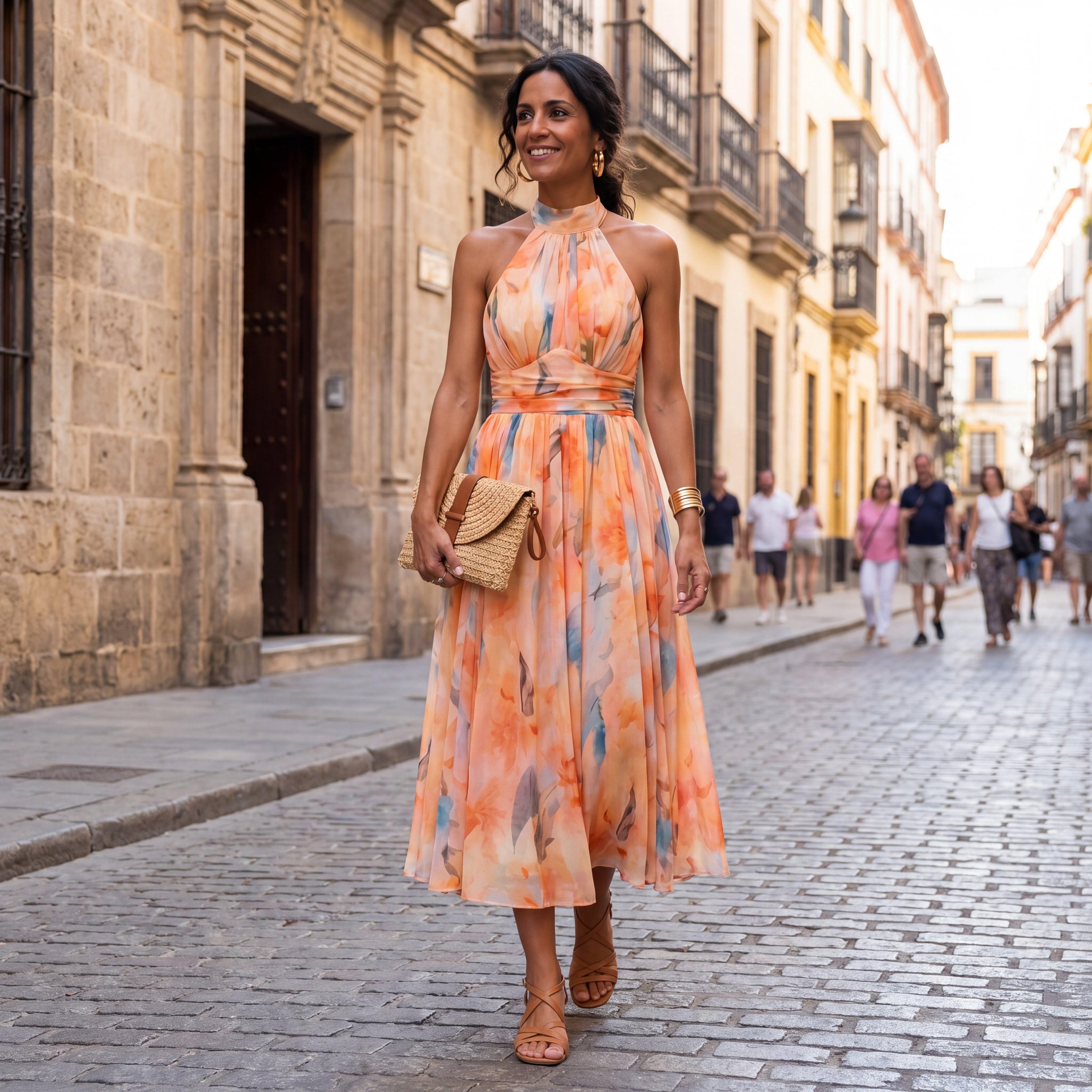 Aurora | Vestido Escote Americano Estampado Acuarela