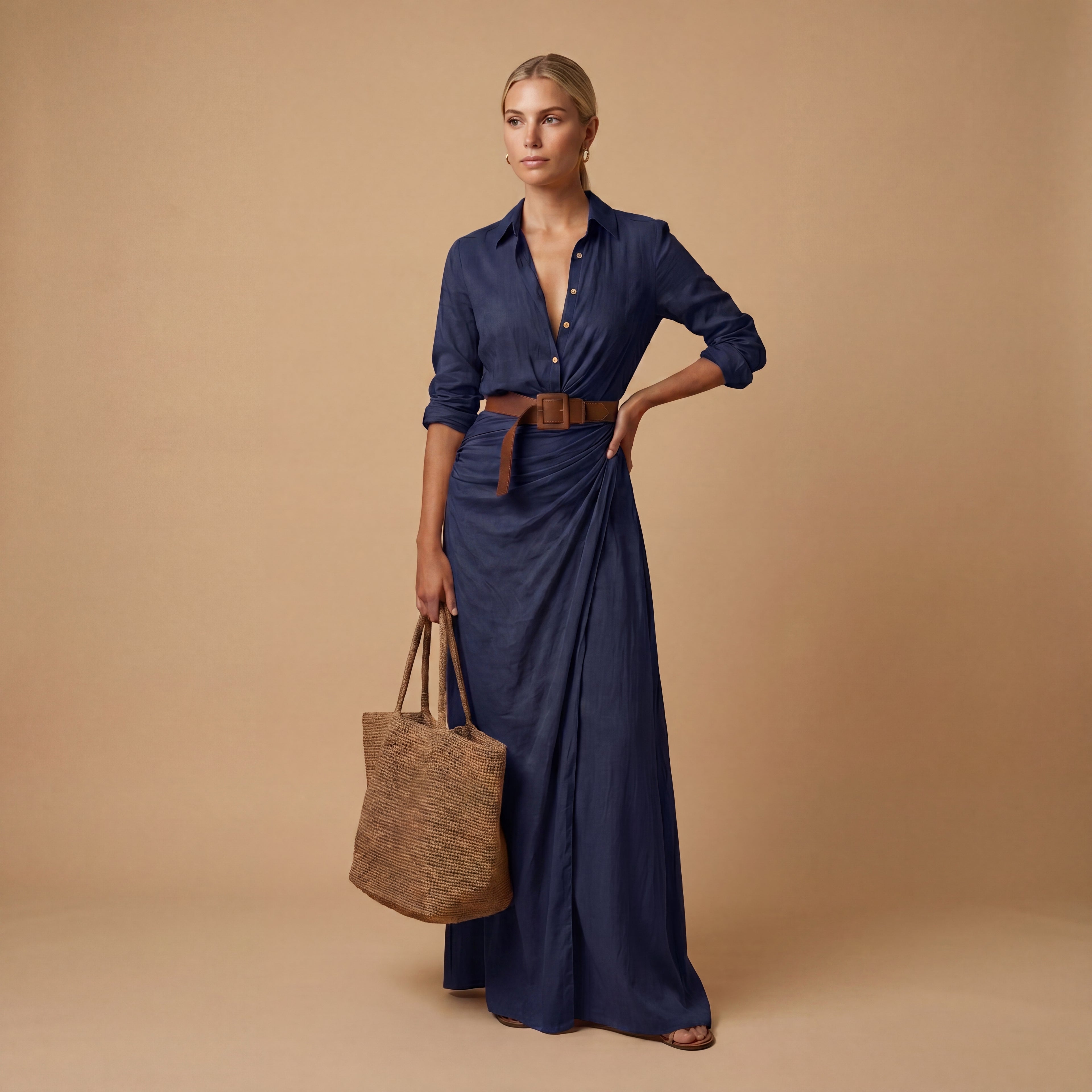 Vestido Maxi Cuello Solapa Mangas Largas