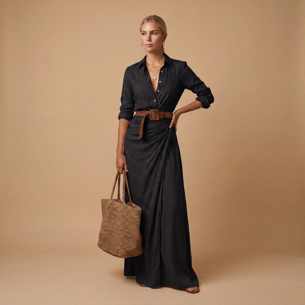 Vestido Maxi Cuello Solapa Mangas Largas